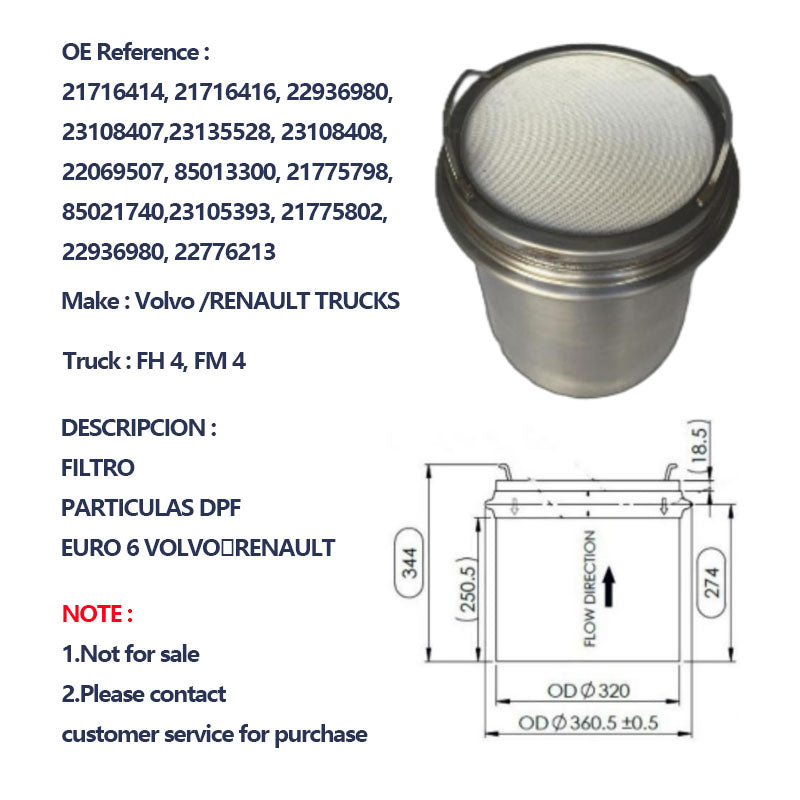 DIESEL PARTICULATE FILTER 21716414, 21716416, 22936980, 23108407, 23135528, 23108408, 22069507, 85013300, 21775798, 85021740, 23105393, 21775802, 22936980, 22776213