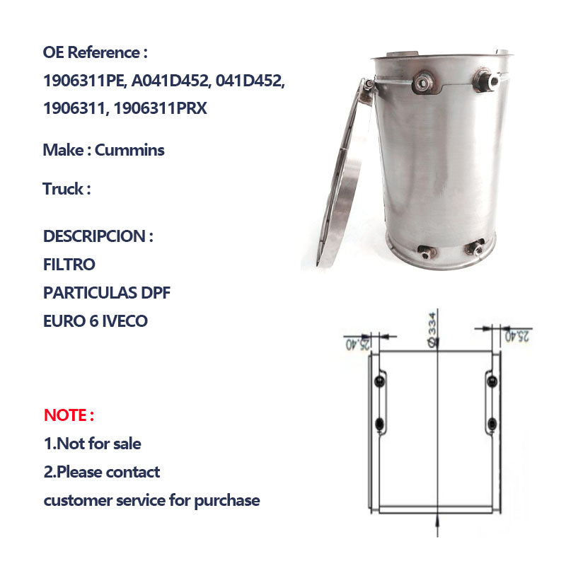 Diesel Particulate Filter for Heavy-Duty Vehicles – Compatible with Part Numbers 1906311PE, A041D452, 041D452, 1906311, and 1906311PRX